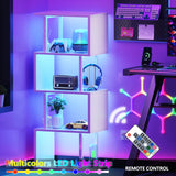 Furologee White Geometric Bookshelf with LED Light, 5 Tier S-Shaped Small Bookcase, Modern Display Standing Shelf, Metal Wooden Decorative Storage Shelves for Bedroom, Living Room, Office Furologee