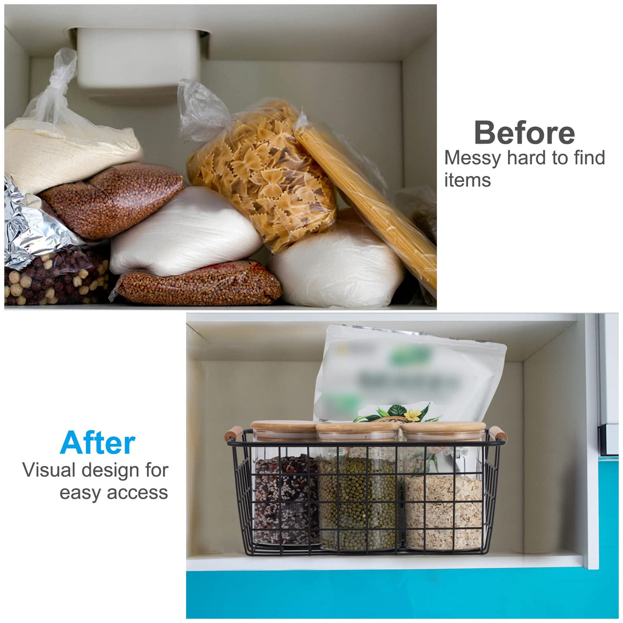 Wire Basket 2 Pcs Wire Storage Baskets Wire Baskets Organizing with Wooden Handles Wire Basket Pantry Organization and Storage Metal Wire Food Storage Basket for Kitchen, Cabinets (Black 2PCS) ELEATTRUN