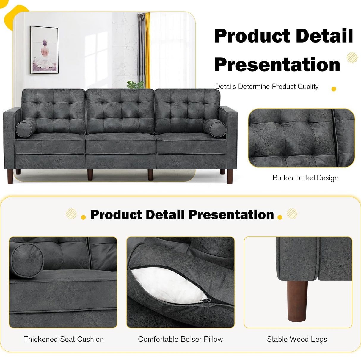 Lesofair 84 Inches Suede Leather Couch with Bolster Pillows, Comfy 3 Seater Sofa with Tufted Back Cushions, Modern Couch with Sturdy Legs for Living Room, Office, Bedroom, Grey Lesofair