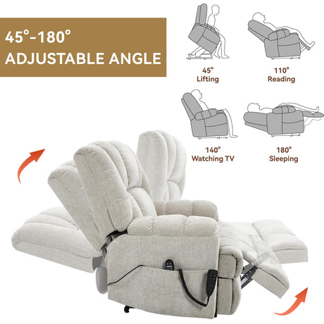 RHHVVR Power Lift Recliner Chair for Elderly, Oversized Chenille Electric Recliners Chairs for Living Room, Dual Motor 180° Lay Flat Recliner Big Sofa with Massage and Heating, Heavy-Duty, Beige RHHVVR