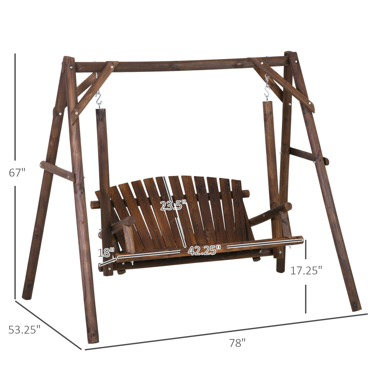 Outsunny 2-Seat Porch Swing with Stand, Wooden Patio Swing Chair Bench, for Garden, Poolside, Backyard, Carbonized Outsunny