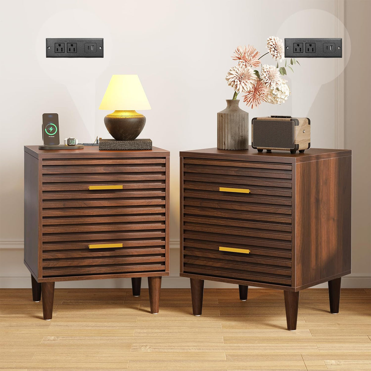 Alohappy Night Stands with Charging Station Set of 2, Mid Century Modern Nightstands, Wooden Bedside Table for Bedroom, End Table with Storage Drawers, Bed Side Table with USB Outlets, Brown 2pcs Alohappy