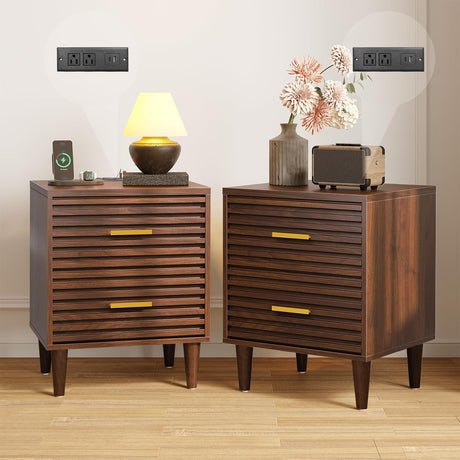 Alohappy Night Stands with Charging Station Set of 2, Mid Century Modern Nightstands, Wooden Bedside Table for Bedroom, End Table with Storage Drawers, Bed Side Table with USB Outlets, Brown 2pcs Alohappy