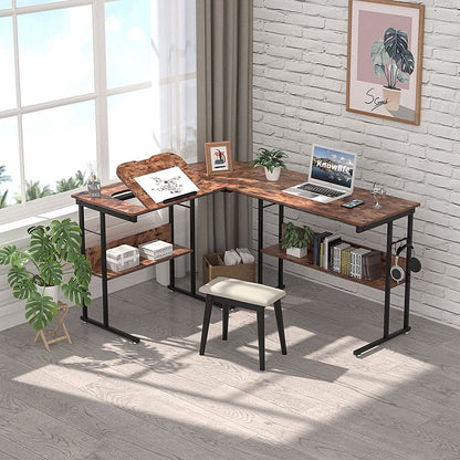 Knowlife Computer Desk L Shaped Desk 58 inch with Round Corner and Hooks Tiltable Desk for Small Space Brown - WoodArtSupply