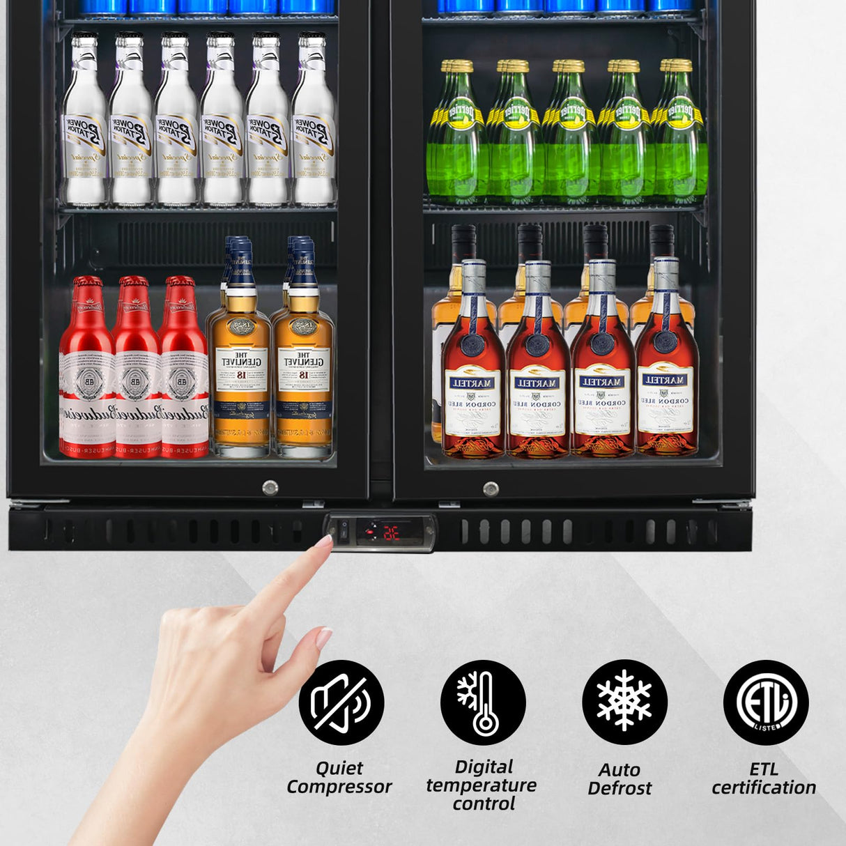 Bluelinecool Back Bar Cooler with 2 Glass Doors, Under Counter Beverage Refrigerator, 7.4 cu.ft Mini Fridge Cooler with LED Lighting for Soda Drinks, Beer, Wine Bluelinecool