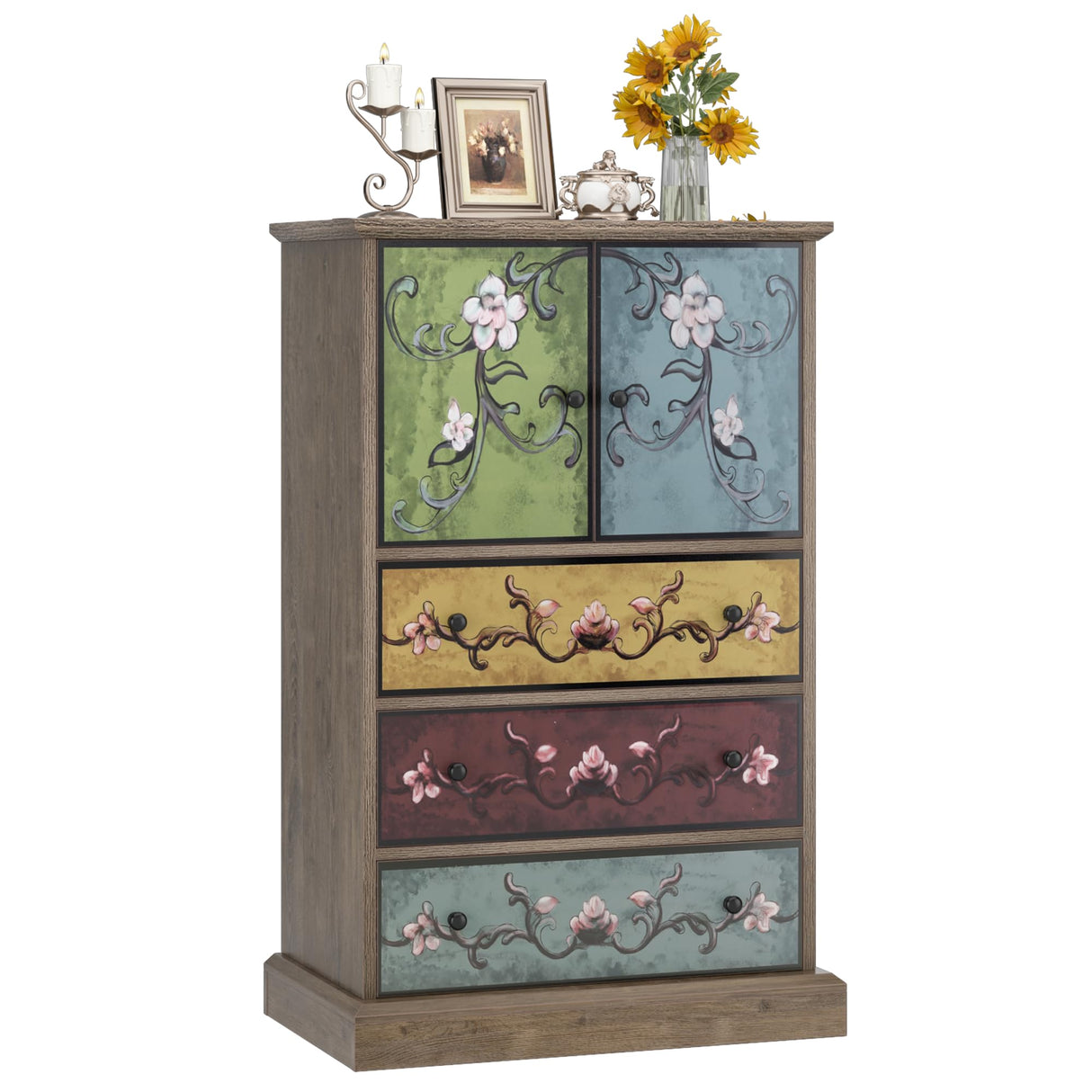 finetones Wood Dresser Chest of Drawers, Tall Dresser Boho Dresser with Drawers and Doors, 16.1D x 23.6W 42.3H Inch Wood Dresser Accent Dresser for Home Office finetones