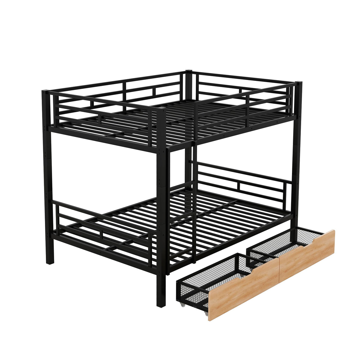 FAROUCHE Full Over Full Bunk Bed with 2 Drawers, Heavy Duty Metal Full Bed with Guardrail and Ladder, Can be Convertible to 2 Separated Beds, Noise Free, Space Saving Bunk Bed, Black FAROUCHE
