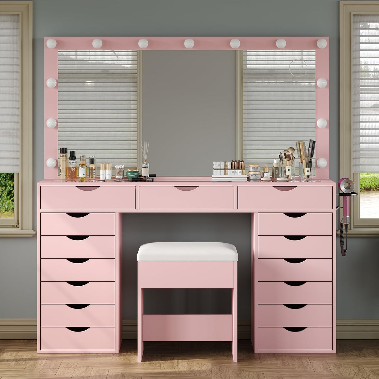 Yanosaku 15 Drawers Vanity Desk with Power Outlet, Makeup Table with Mirror and 13 LED Lights, 3 Color Lighting Modes, Brightness Adjustable, Glass Top Dressing Table, Vanity Set for Bedroom (Pink) Yanosaku