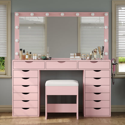 Yanosaku 15 Drawers Vanity Desk with Power Outlet, Makeup Table with Mirror and 13 LED Lights, 3 Color Lighting Modes, Brightness Adjustable, Glass Top Dressing Table, Vanity Set for Bedroom (Pink)