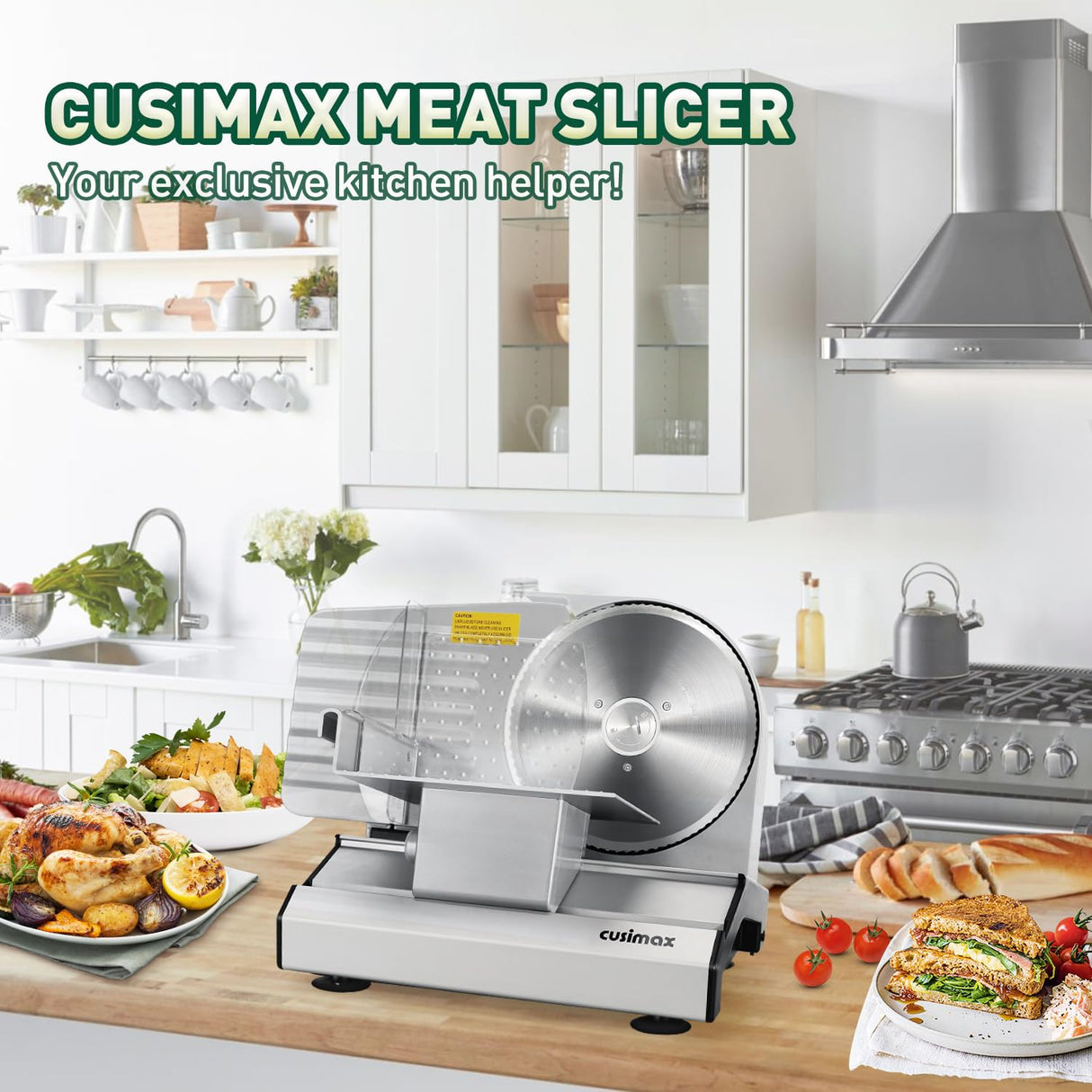 CUSIMAX Electric Meat Slicer for Home,Two 7.5''Stainless Steel Blades,1-20mm Adjustable Thickness,Easy to Cut Various Foods,Removable Food Carriage for Easy Cleaning CUSIMAX