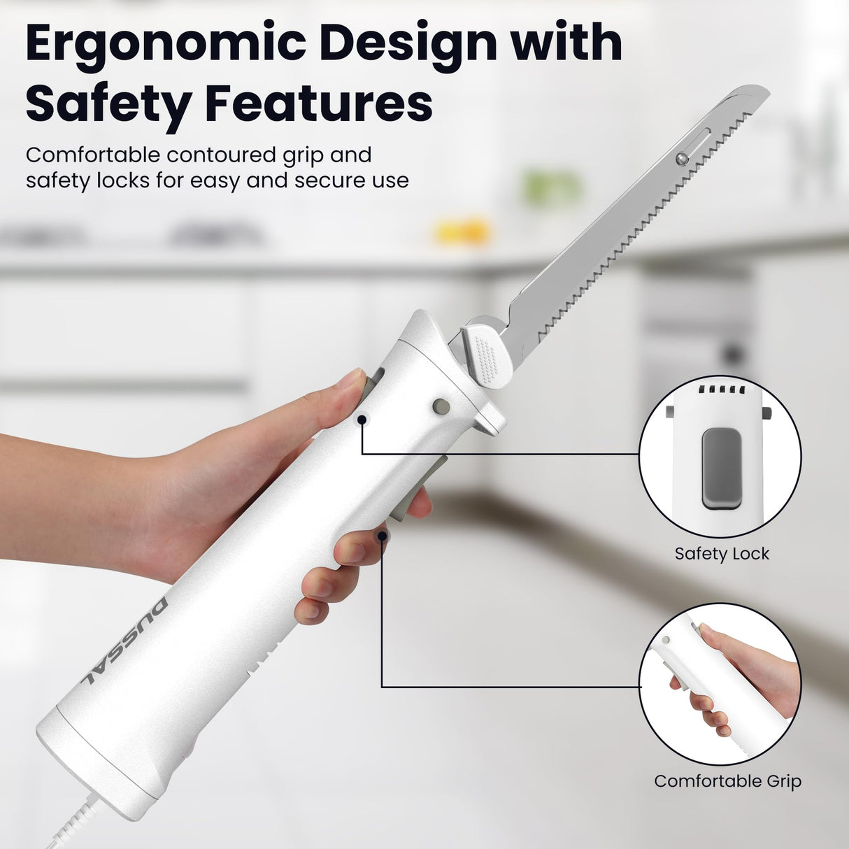 DUSSAL Electric Knife, Electric Carving Knife, 4 Stainless Steel Blades, Safety Lock Switch, Blade Release Buttons, On/Off button, Carving Meats, Poultry, Bread, Cheese & More (White) D DUSSAL