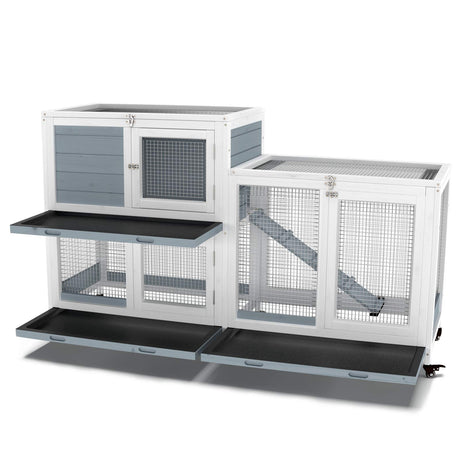 GDLF Two Floors 58" Wooden Indoor Bunny Hutch Rabbit Cage on Wheels Guinea Pig PET House for Small to Medium Animals Waterproof No Leak Tray GDLF