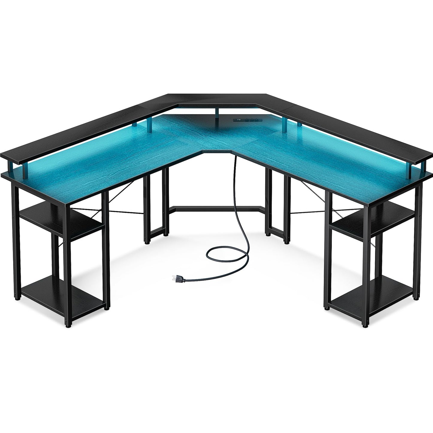 Coleshome L Shaped Gaming Desk with LED Lights & Power Outlets, Reversible 56" Computer Desk with Full Monitor Stand & Storage Shelves, Ergonomic Home Office Corner Desk, Black