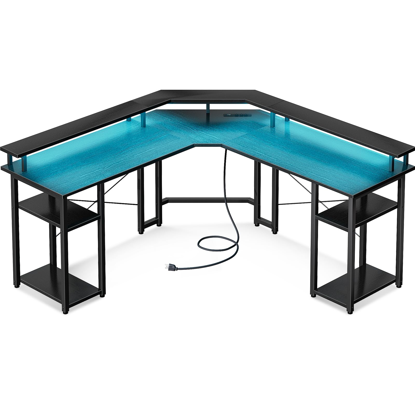 Coleshome L Shaped Gaming Desk with LED Lights & Power Outlets, Reversible 56" Computer Desk with Full Monitor Stand & Storage Shelves, Ergonomic Home Office Corner Desk, Black - WoodArtSupply