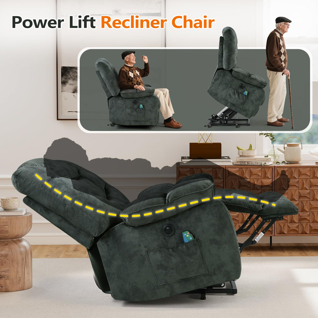 HAOMARKETS Oversized Power Lift Recliner Chair with Massage and Heat for Elderly, Soft Fabric Electric Lifting Recliners with Side Pockets and USB Port for Living Room, Dark Green HAOMARKETS
