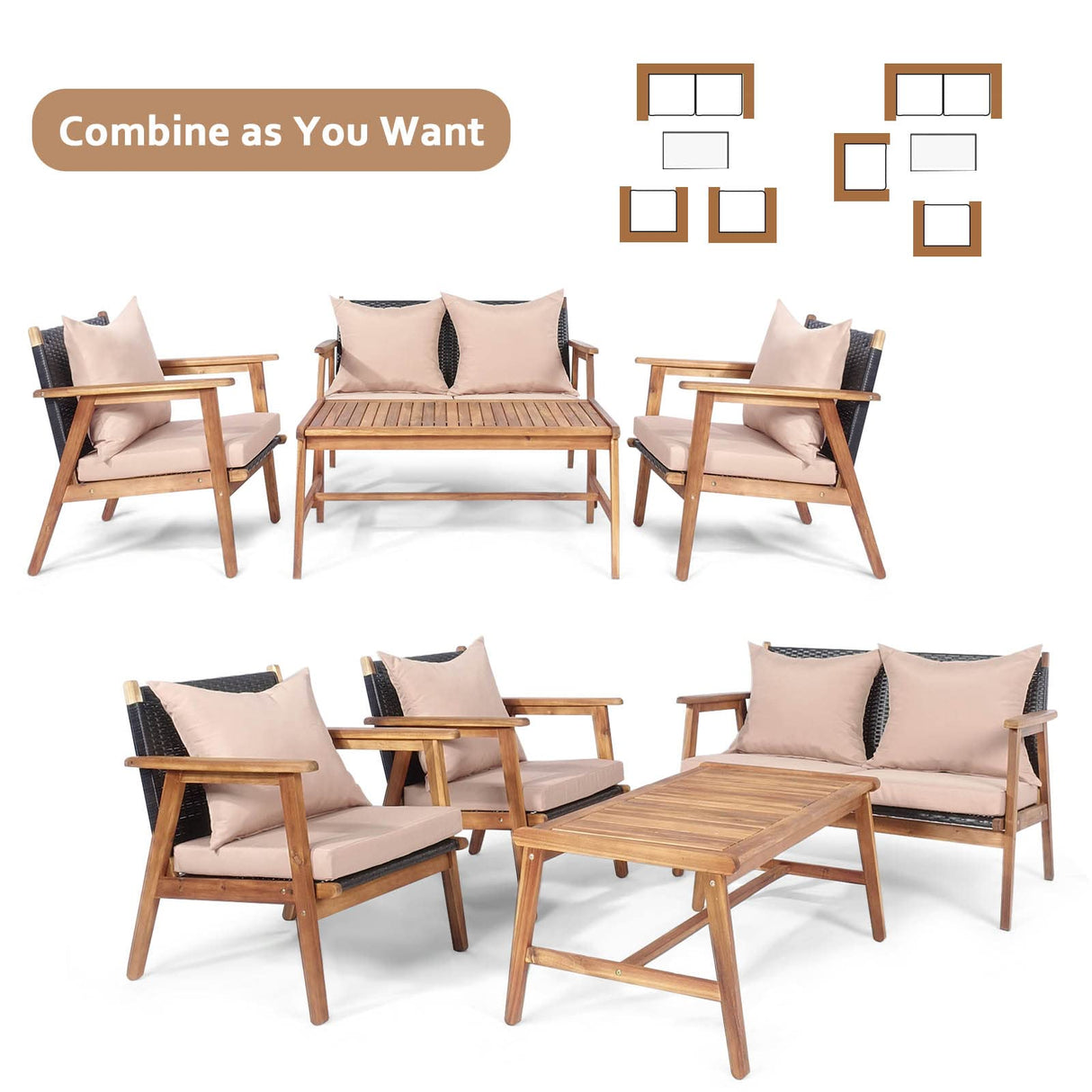 Tangkula 4-Piece Patio Furniture Set, Outdoor Acacia Wood Conversation Set with Cushions and Coffee Table, Outdoor PE Wicker Sectional Sofa Set for Garden, Poolside and Backyard (1, Beige) Tangkula