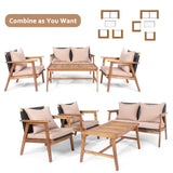 Tangkula 4-Piece Patio Furniture Set, Outdoor Acacia Wood Conversation Set with Cushions and Coffee Table, Outdoor PE Wicker Sectional Sofa Set for Garden, Poolside and Backyard (1, Beige) Tangkula