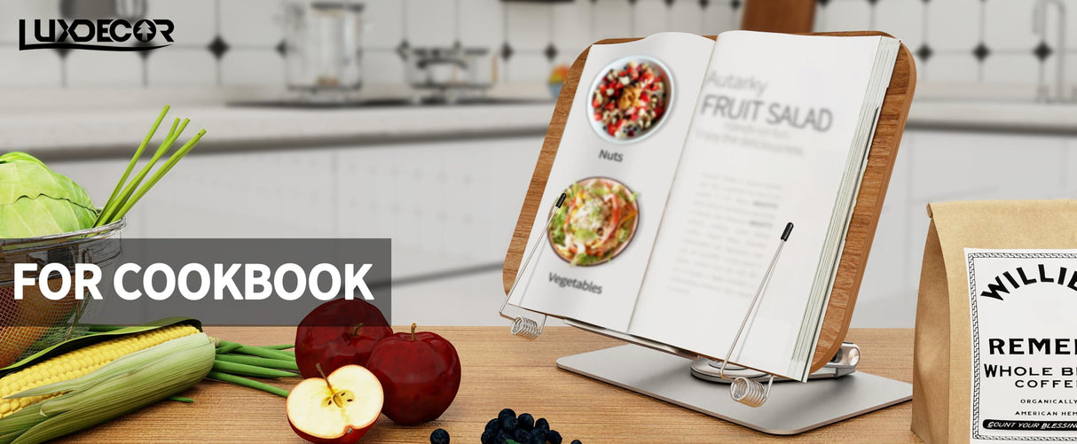 Luxdecor Wood Book Stand for Reading,Adjustable Book Holder with 360°Rotating Base & 2 Page Clips, Stable Display Stand for Recipe,Book Reading, Magazines, Tablets, Sheets (Foldable Design) Luxdecor