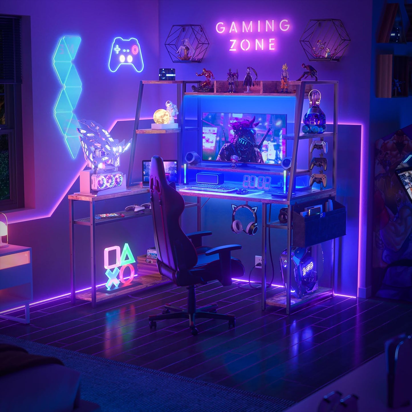 L Shaped Gaming Desk with Hutch, 47'' Gaming Computer Desk with LED Lights & Power Strips, Reversible L-shaped PC Gaming Desk with Storage Shelves, L Desk for Gaming with Monitor Stand, Rusti - WoodArtSupply