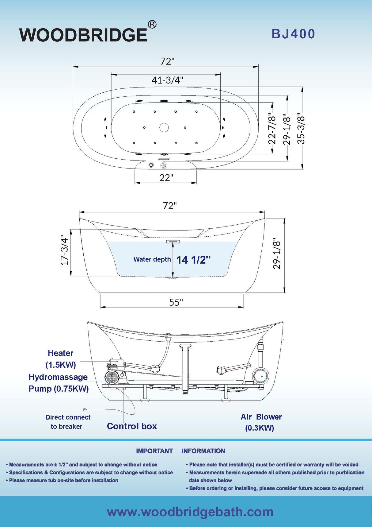 WOODBRIDGE 72" x 35-3/8" Whirlpool Water Jetted and Air Bubble Freestanding Heated Soaking Combination Bathtub with LED control panel, BJ400 WOODBRIDGE