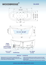 WOODBRIDGE 72" x 35-3/8" Whirlpool Water Jetted and Air Bubble Freestanding Heated Soaking Combination Bathtub with LED control panel, BJ400 WOODBRIDGE