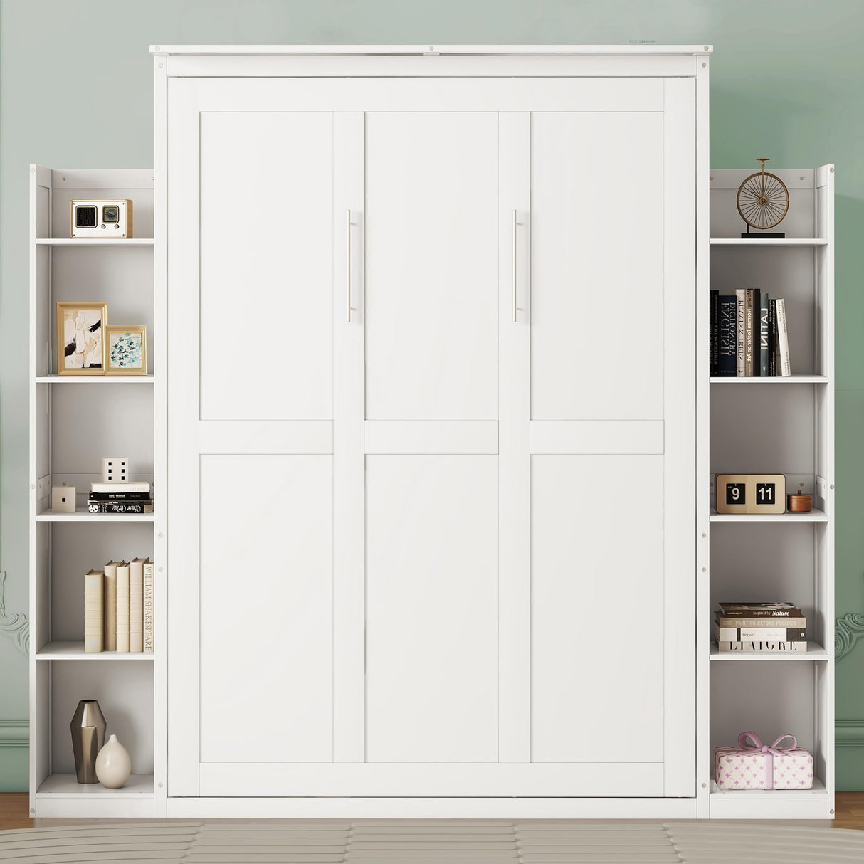 Harper & Bright Designs Queen Size Murphy Bed, Wooden Wall Bed with Shelves and LED Lights, White Harper & Bright Designs