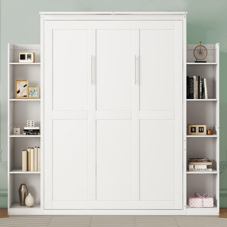 Harper & Bright Designs Queen Size Murphy Bed, Wooden Wall Bed with Shelves and LED Lights, White Harper & Bright Designs