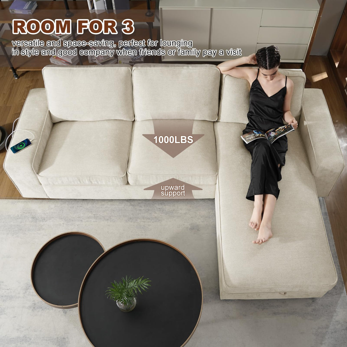 COOSLEEP 99” L-Shape Convertible Sectional Couches Sofas with 190L Storage Chaise,Chenilee Sofas with Removable Cushion and Detachable Cover,USB and Type-c Charging for Living Room COOSLEEP HOME