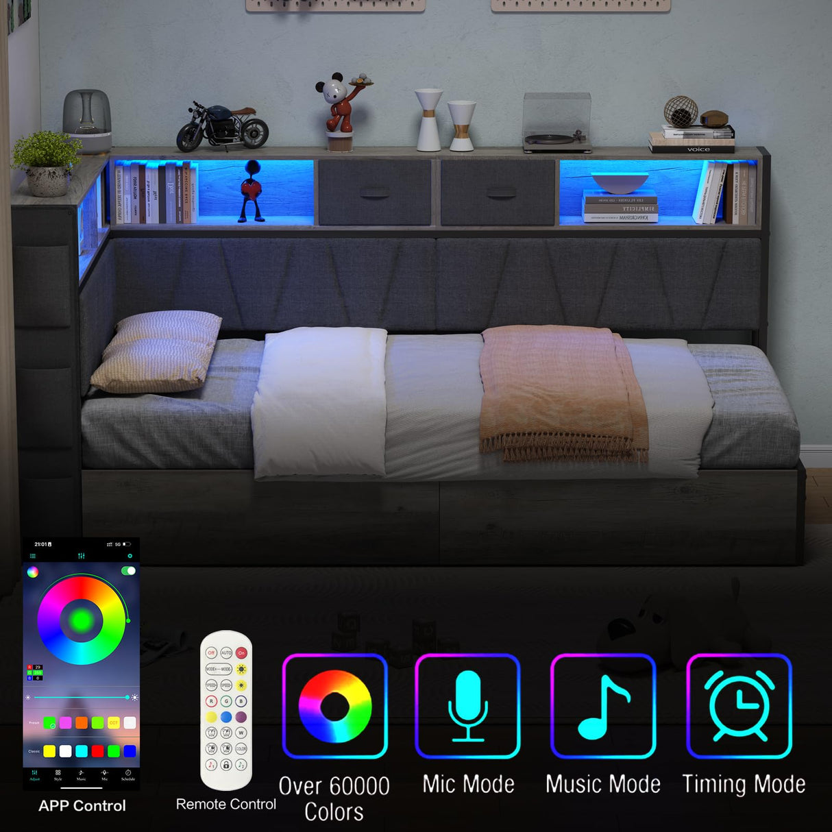 PUNICE Modern Twin XL Corner Bed Frame with Bookcase & LED Lighting - Space-Saving Kids' Platform Bed with Charging Station & 2 Underbed Storage Drawers in Gray (Gray) PUNICE