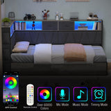 PUNICE Modern Twin XL Corner Bed Frame with Bookcase & LED Lighting - Space-Saving Kids' Platform Bed with Charging Station & 2 Underbed Storage Drawers in Gray (Gray) PUNICE