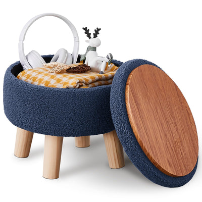 Wimarsbon Storage Ottoman, Modern Round Footrest with Soft Padded Seat, Teddy Velvet Footstool with Wood Legs, Accent Small Table or Plant Stand for Hallway, Living Room (Grey-Blue)