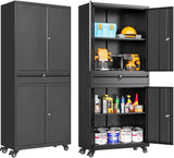 Metal Garage Storage Cabinet with Wheels and Drawer,73" Tall Black Rolling Garage Cabinet with Locking Doors and Adjustable Shelves,Mobile Metal Storage Cabinets on Wheels for Home,Office,Garages,Tool SISESOL