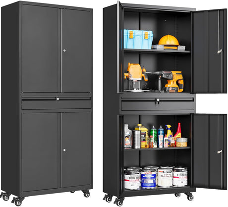 Metal Garage Storage Cabinet with Wheels and Drawer,73" Tall Black Rolling Garage Cabinet with Locking Doors and Adjustable Shelves,Mobile Metal Storage Cabinets on Wheels for Home,Office,Garages,Tool SISESOL