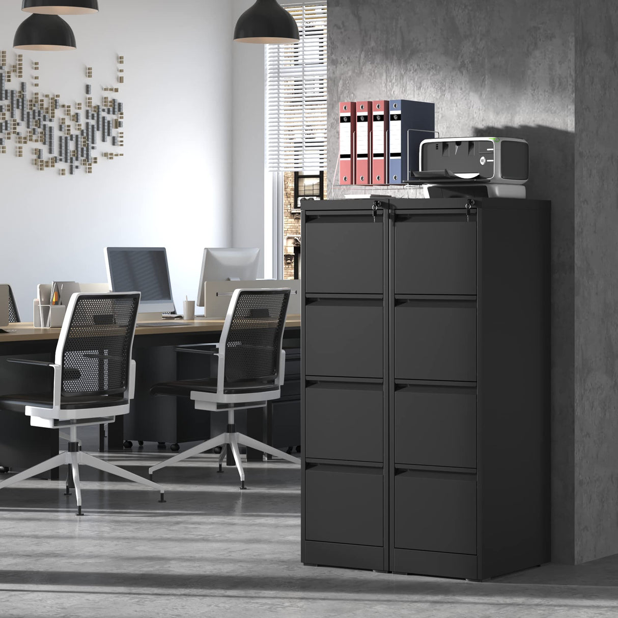 IKIMI 4 Drawer File Cabinet,Metal Filing Cabinets with Lock,Black Vertical File Cabinet for Home Office,Heavy Duty Metal Storage Cabinet for A4/Letter/Legal Size File,Assembly Required IKIMI