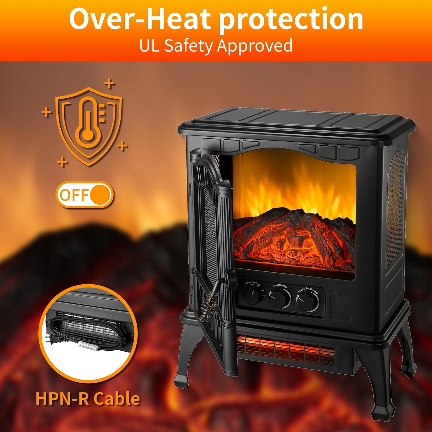 HICFM 3D Electric Fireplace Stove With Infrared Quartz Heater with Life-Like Flame, Power 1500W, BTU 5120 Maximum Coverage 500 sq ft, Making Home Warm as Spring, 2-Setting Heat, UL Safety