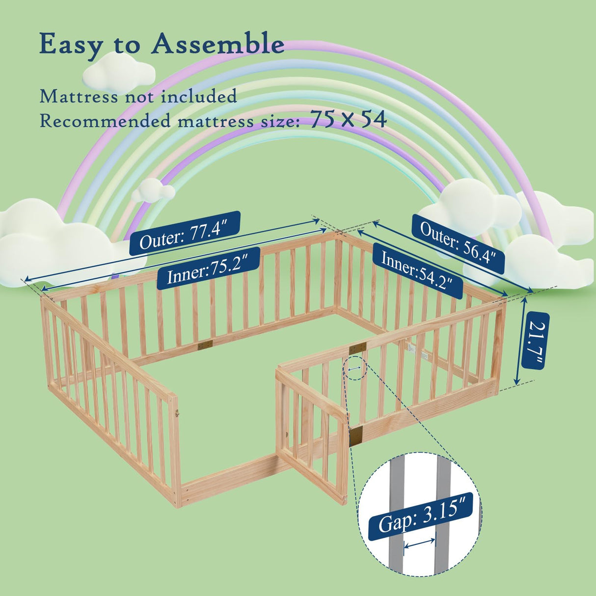 Tatub Full Montessori Floor Bed with High Rails, Solid Wood Montessori Bed Frame for Kids, Door Can Install Left and Right, Full-Nature Tatub