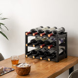 VASMIA Bamboo Wine Rack, Sturdy and Durable Wine Storage Cabinet Shelf, Wine Racks Countertop for Pantry,Kitchen,3-Tier 12 Bottles Wine Rack Black VASMIA