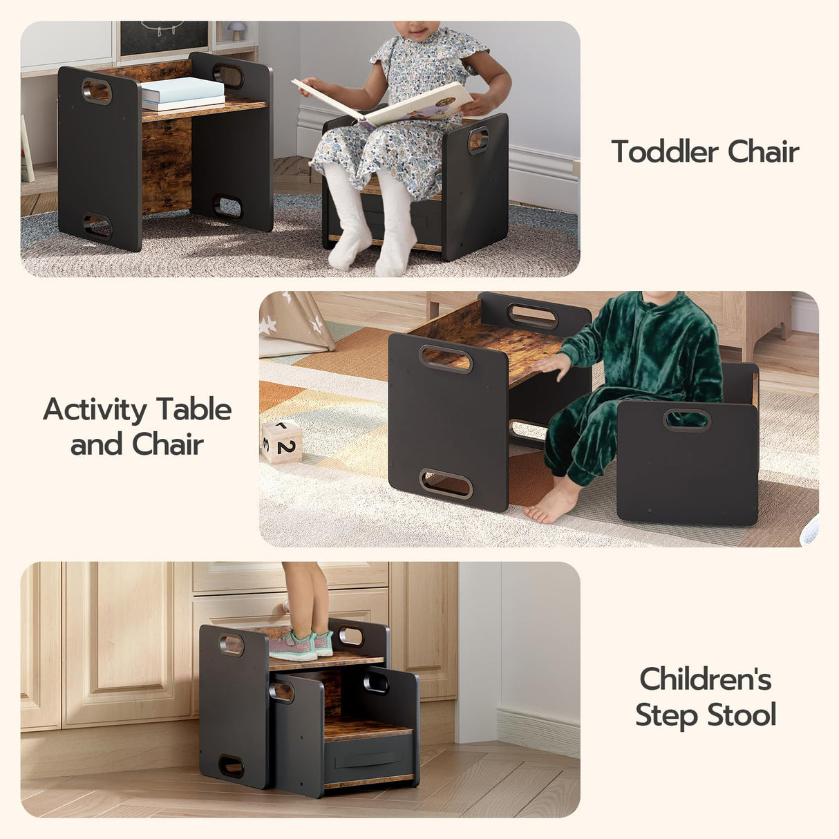 HOOBRO Weaning Table and Chair Set, Toddler Table and Chair Set, Furniture for Kids 1-3 Year Old, Kids Table and Chair Set for Reading Rustic Brown and Black BF38JD01 HOOBRO