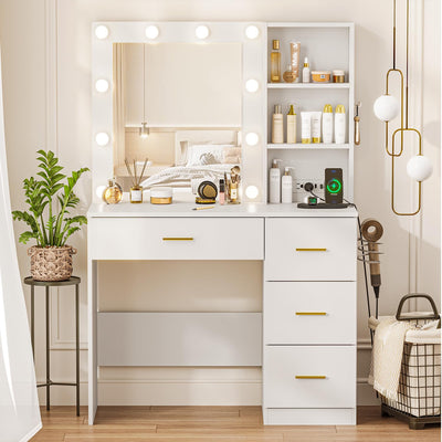 OTDMEL 37" W Makeup Vanity Desk,Vanity Desk with LED Lighted Mirror & Power Outlet,Makeup Table with 4 Drawers,3 Color Modes & Adjustable Brightness Dressing Table for Bedroom, White