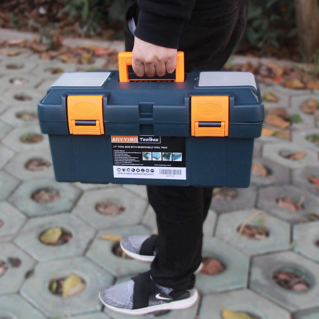 Anyyion 16.5-inch Tool Box with Removable Tray, Small Parts Box On The Lid is Removable, Tray Can be Removed and Combined at Will (Blue) Anyyion