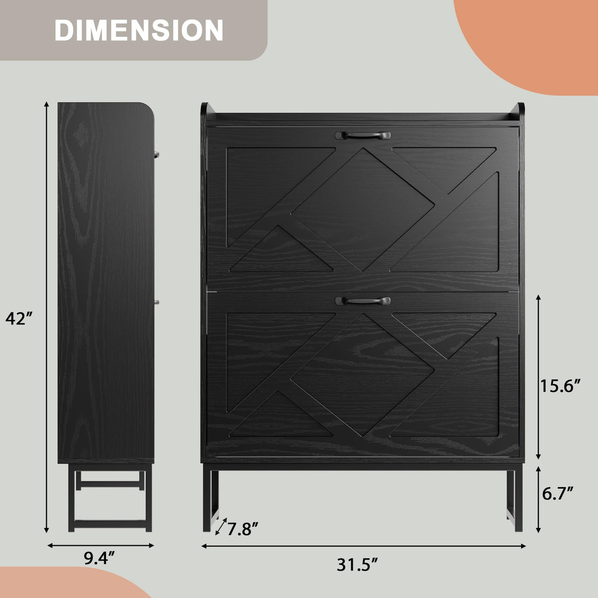 Nicetree Shoe Storage Cabinet with 2 Flip Drawers, Freestanding Shoe Organizer, Shoe Cabinet with Metal Legs, Narrow Shoe Rack Cabinet, Farmhouse Slim Shoe Cabinet for Entryway, Foyer, Hallway, Black Nicetree