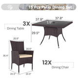 Trumbeak 15 Piece Outdoor Dining Set,Rattan Patio Conversation Set of 12 Chairs,Patio Dining Table and Chairs w/Cushions,Square Glass Tabletop,Umbrella Cutout for Patio,Sand Trumbeak