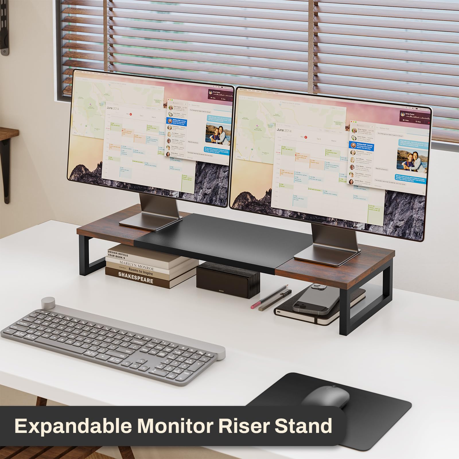 SYDWORKSHOP Expandable Dual Monitor Stand for Desk, Wood Monitor Riser Adjustable Length 19'' to 28'', Versatile Desktop Shelf for Gaming Computer Screens, Laptop, TV, Printer - WoodArtSupply