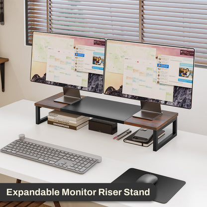 SYDWORKSHOP Expandable Dual Monitor Stand for Desk, Wood Monitor Riser Adjustable Length 19'' to 28'', Versatile Desktop Shelf for Gaming Computer Screens, Laptop, TV, Printer - WoodArtSupply