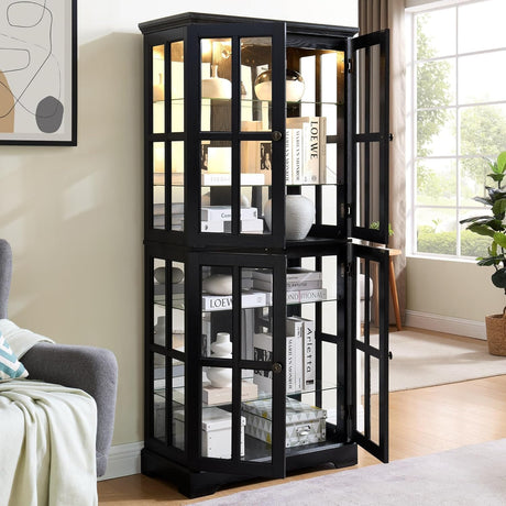 LuxyHoom Lighted Display Curio Cabinet Elegant China Cabinet Featuring 6 Shelves and 69 Inch Height for Premium Home Decor Storage Solutions(Black) LuxyHoom
