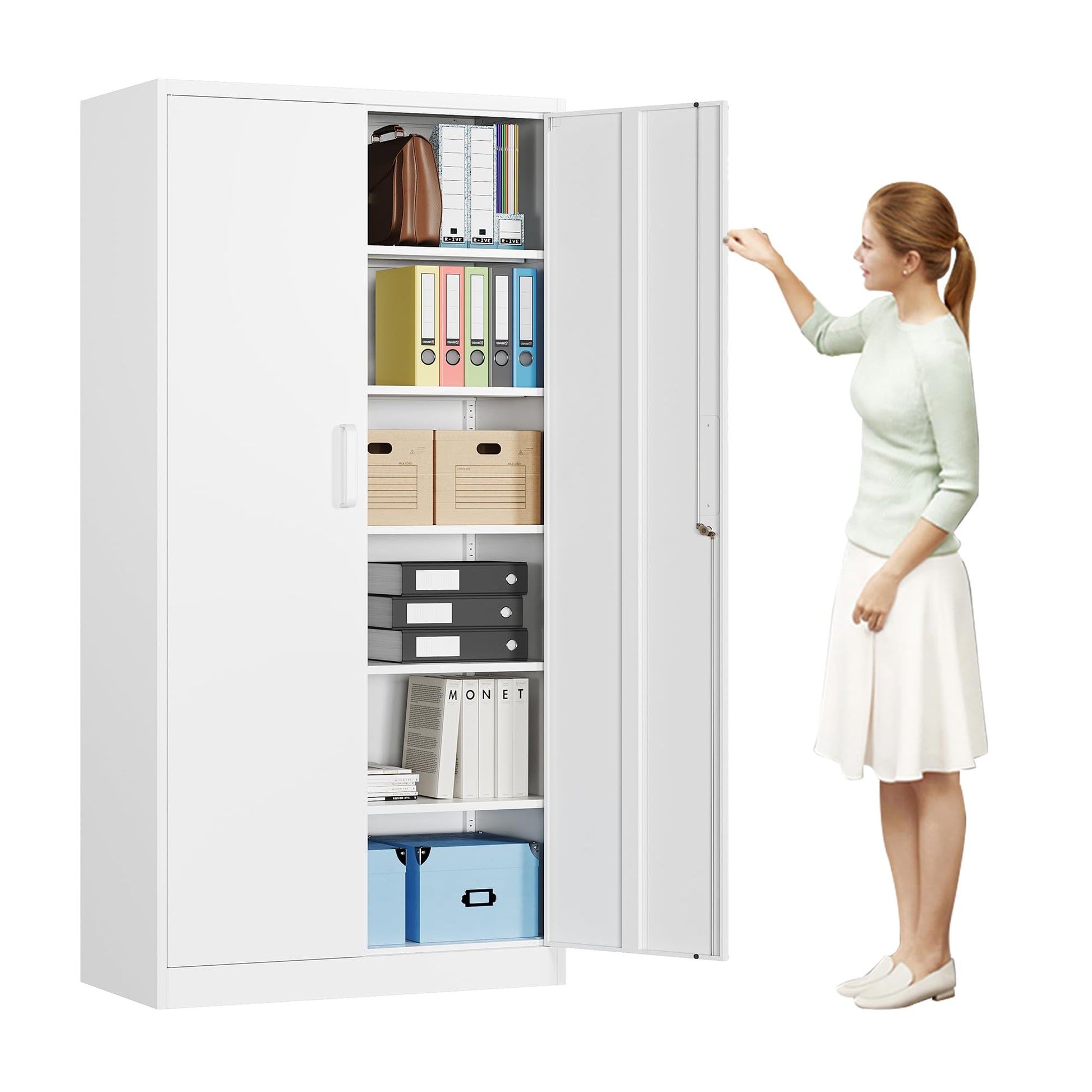 MIIIKO Storage Cabinet with Locking Doors, 72" White Metal 5-Shelf Cabinet, 36" Wide Snaplt Steel Cabinet for Home Office, Pantry, School… - WoodArtSupply