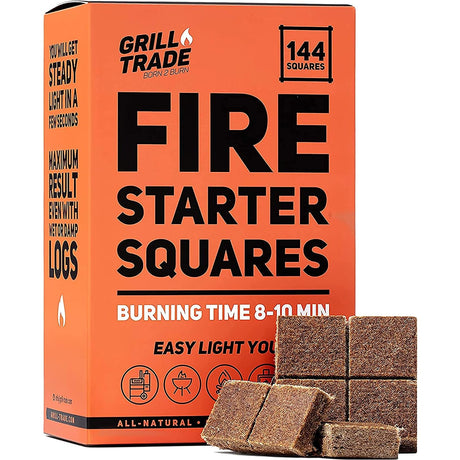 Grill Trade Fire Starter Squares 144, Easy Burn Your BBQ Grill, Camping Fire, Wood Stove, Smoker Pellets, Lump Charcoal, Fireplace - Fire Cubes are The Best Barbeque Accessories Grill Trade