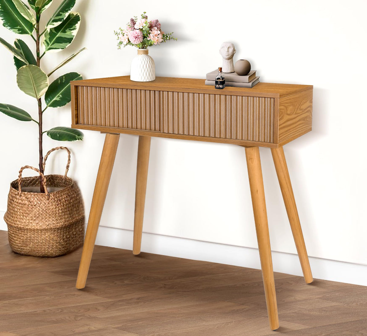 Console Table, Small Console Tables for Entryway, 31" Vanity Desk Fluted Entrance Table, Brown Entry Table Narrow Console Table Modern Hallway Table Modern Sofa Table for Living Room ZYBT