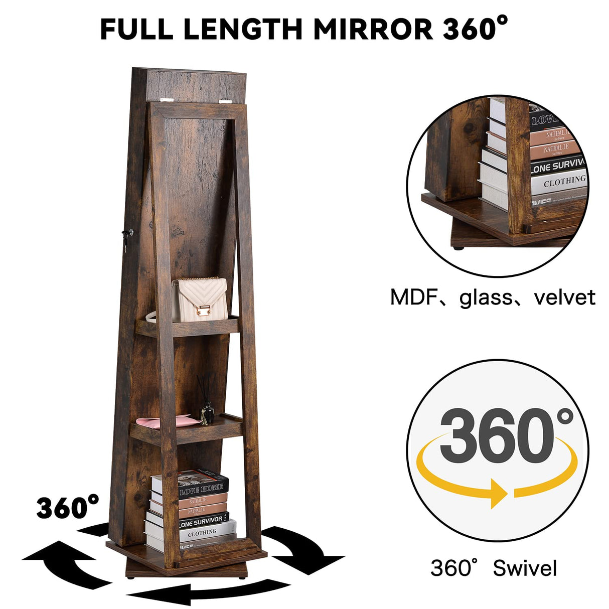BOSTANA Jewelry Armoire 65" H, Full Length Mirror with Storage 360° Swivel, Storage Shelves, Lockable Standing Jewelry Cabinet Organizer with Large Storage Capacity, Valentine's Day Gift, Brown BOSTANA