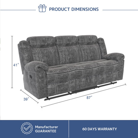 Acme Furniture Zubaida 41" x 87" Modern Velvet Reclining Sofa with USB Dock, 1 Storage Drawer, Tight Back & Seat Cushion, in 2-Tone Gray Finish Acme